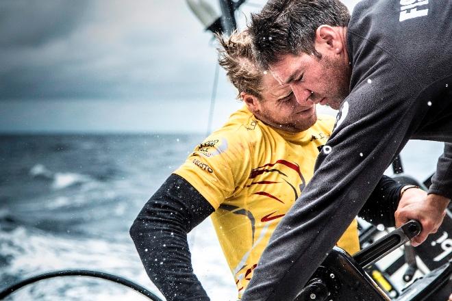 Simon 'SiFi' Fisher and Luke 'Parko' Parkinson battle spray in the midst of a sail change on Leg 7 to Lisbon - Volvo Ocean Race 2015 © Matt Knighton/Abu Dhabi Ocean Racing